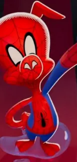 Cartoon spider-themed character in red suit posing dynamically.