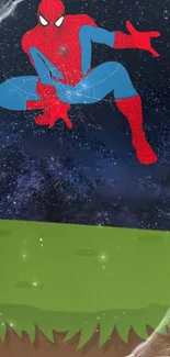 Spider superhero on a cosmic galaxy background wallpaper.