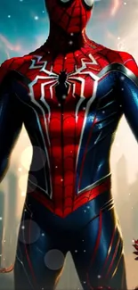 Spider-themed wallpaper with red suit and urban backdrop for mobile screens.