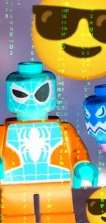 Spider-themed toy with emoji and digital matrix effects in aqua hues.