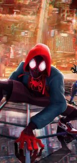 Dynamic Spider-Verse wallpaper with iconic heroes and vibrant cityscape.