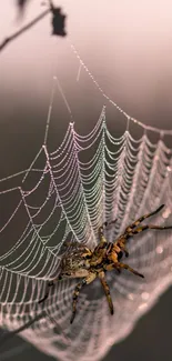 Spider on an intricate web at dusk with pink and gray hues.