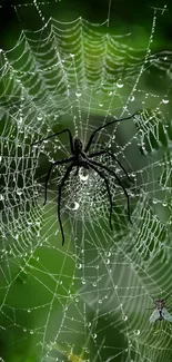 Spider on a dewy web with a green background.