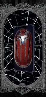 Gothic spider web phone wallpaper with red emblem.