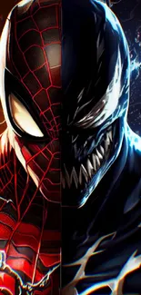 Spiderman and Venom split mobile wallpaper with vibrant colors.