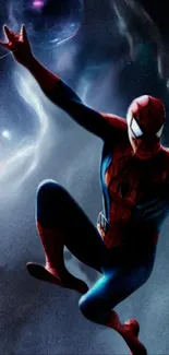 Spiderman in a cosmic pose with vibrant colors and galactic background.