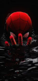 Spiderman peeking out from a pool in a striking red and black wallpaper design.