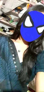 Woman with Spiderman mask in blue attire, casual setting.