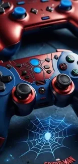 Spiderman-themed gaming controllers on display.