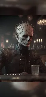 Spiked skeleton sits in a dark bar.