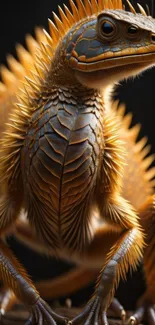 Close-up of a spiky, orange lizard with dark background.