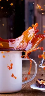 Coffee splash in white mug on wooden table.