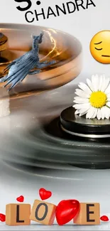 Spinning fidget spinner with daisy and love emoji on mobile wallpaper.