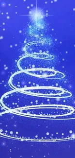 Enchanting spiral Christmas tree on a blue background with snowflakes.