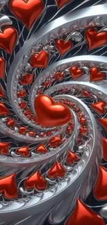 Abstract spiral of red hearts with metallic effect