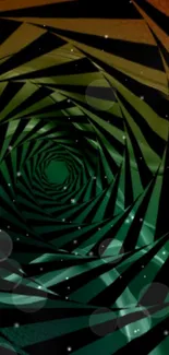 Green and black spiral illusion wallpaper design.