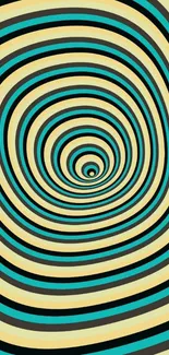 Hypnotic spiral illusion wallpaper with teal, beige, and black concentric circles.