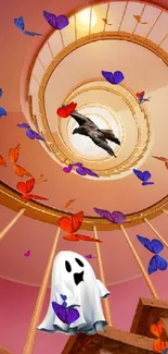 Spiral staircase with ghost and bird, vibrant colors.