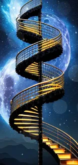 Spiral staircase ascending towards a moonlit cosmic sky with glowing steps.