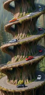 A spiral road encircling a massive tree.