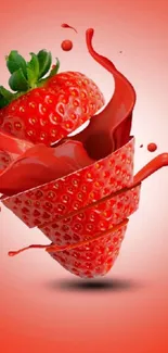 A vibrant mobile wallpaper showing a spiraling strawberry on a red background.