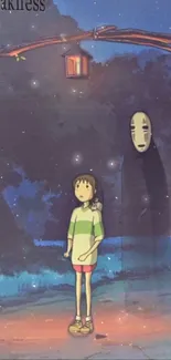 Spirited Away night scene with characters and lantern glow.