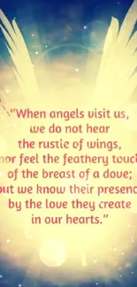 Angel wings with quote on a glowing gold background.