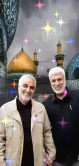 Two figures in front of Islamic architecture with colorful stars.