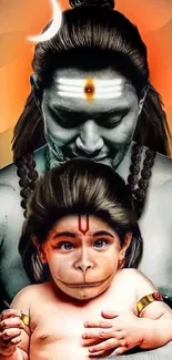 Spiritual art wallpaper of Shiva holding baby Hanuman, with vibrant colors and symbolism.