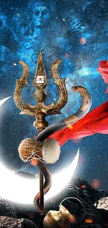 Shiva themed wallpaper with trident, moon, and red cloth.