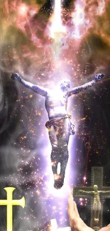 Spiritual figure surrounded by radiant light in cosmic ascension.