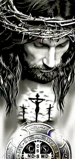 Religious artwork wallpaper with revered Christian figure, crown of thorns, and crosses.