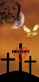 Spiritual art with cross, dove, and celestial theme on mobile wallpaper.