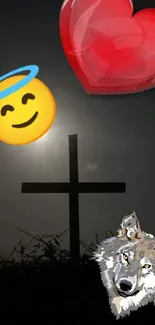 Mystical cross with emojis and a wolf illustration on dark background.