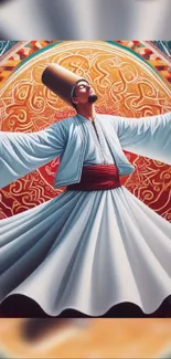 Colorful whirling dervish art wallpaper depicting spiritual dance.