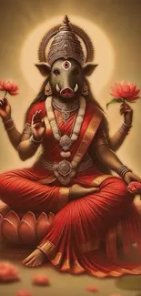 Artistic depiction of a deity holding lotus flowers, in rich traditional attire.