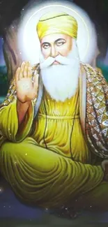 Spiritual guru in yellow robe with serene expression.