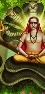 Meditative guru with serpents in lush forest background.