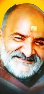 Portrait of a smiling spiritual guru with a warm orange background.