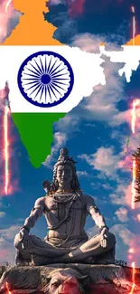 Lord Shiva statue with Indian flag in a cloudy sky background.