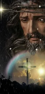 Spiritual wallpaper featuring Jesus with a crown of thorns and a glowing cross symbol.