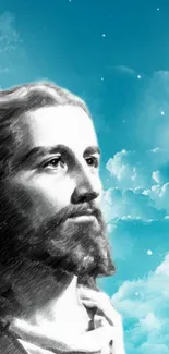 Artistic Jesus portrait with clouds and blue sky background.