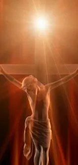 Jesus on cross with divine light glow.