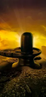 Shiva Lingam with golden sky background for spiritual inspiration.