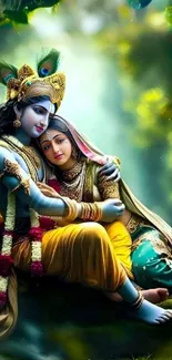 Divine figures in a vibrant, serene embrace with a mystical background.