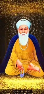 Colorful spiritual guru meditating with a golden aura and vibrant attire.