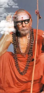 Monk in orange robes with spiritual pose