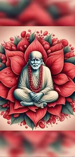 Meditative figure on red floral backdrop.