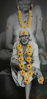 Monochrome depiction of a monk with yellow flower garlands in spiritual art style.