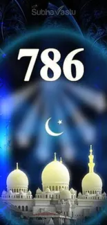 Vibrant 786 and mosque blue wallpaper design.